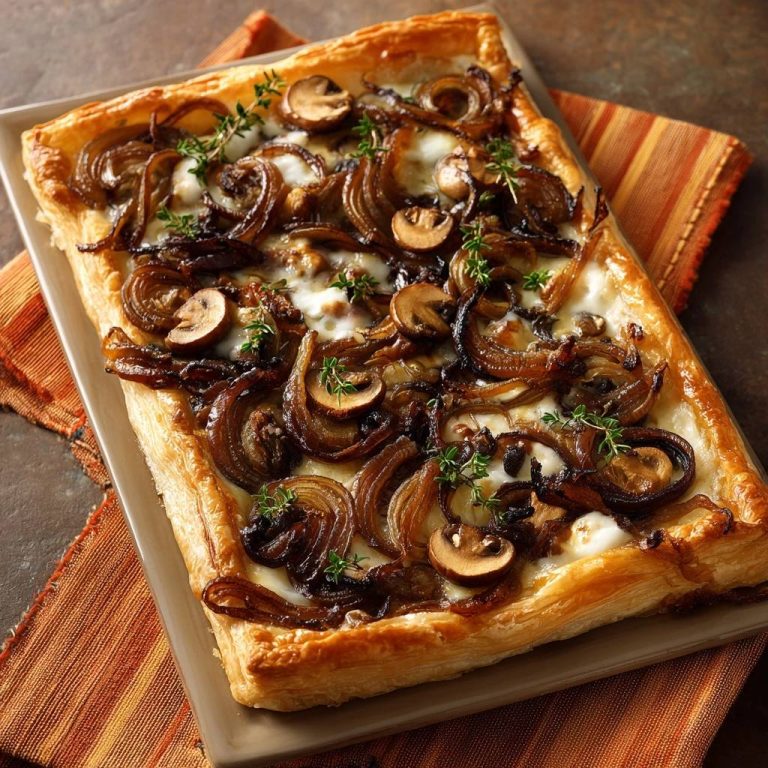 Caramelized onion mushroom tart presented on a golden puff pastry crust, garnished with fresh thyme.
