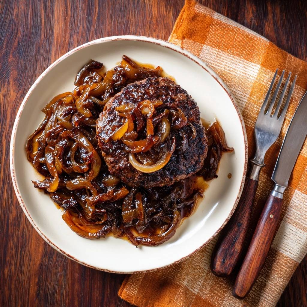 Caramelized onion smothered beef patties are served plated in a close-up overhead view with a fork and knife.