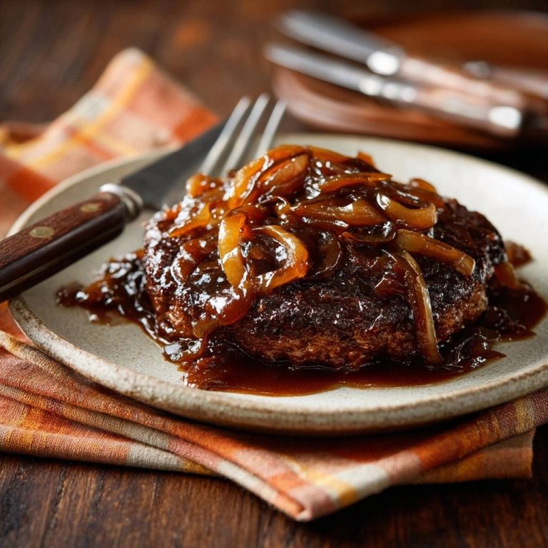 Caramelized onion smothered burgers, a juicy patty perfectly plated and topped with glistening sauteed onions.