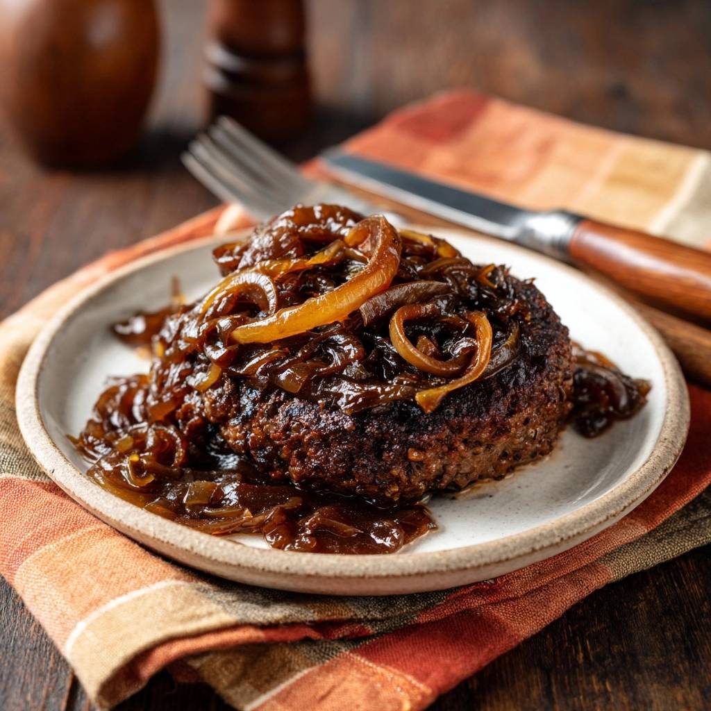 Caramelized onion smothered burgers served on a plate with a close-up view of the savory onion topping.