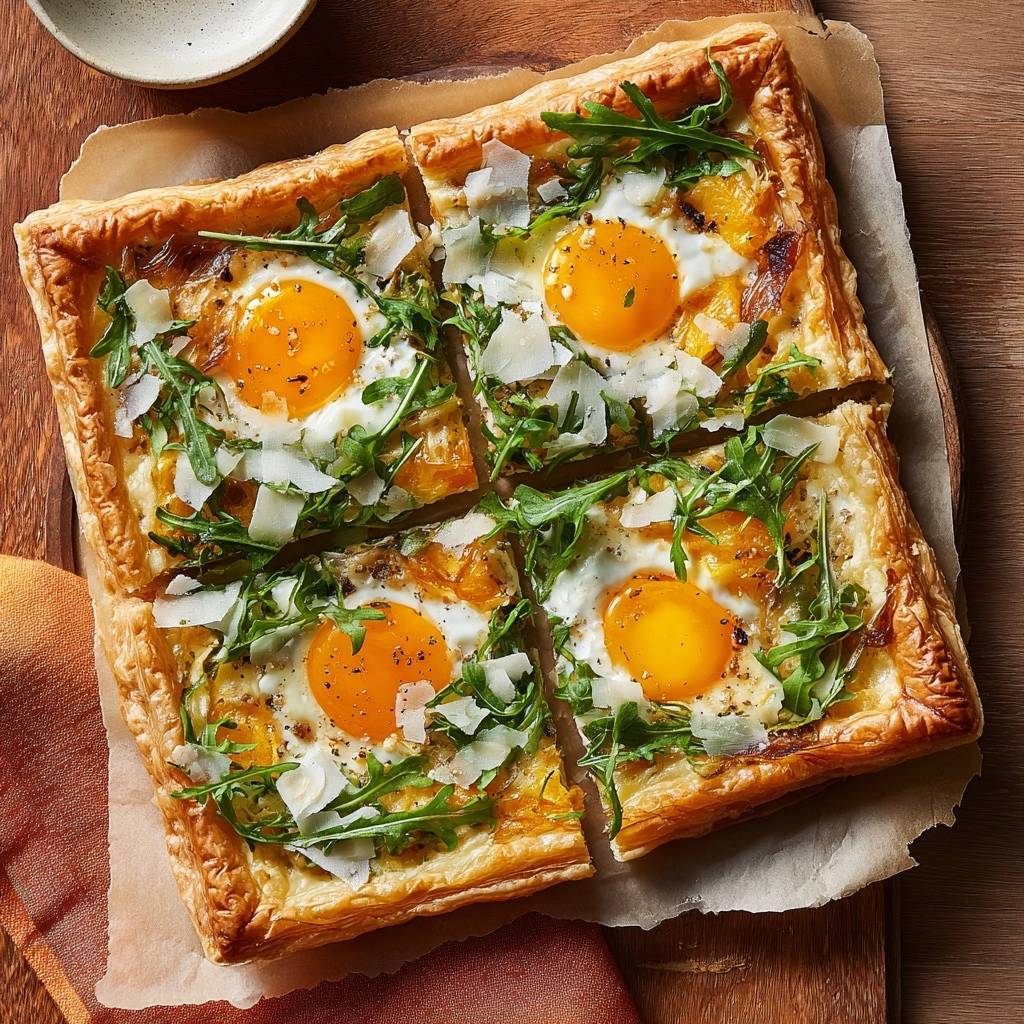 Caramelized onion sunny-side egg tart recipe, presented overhead and cut into four squares, showcasing runny yolks and arugula.
