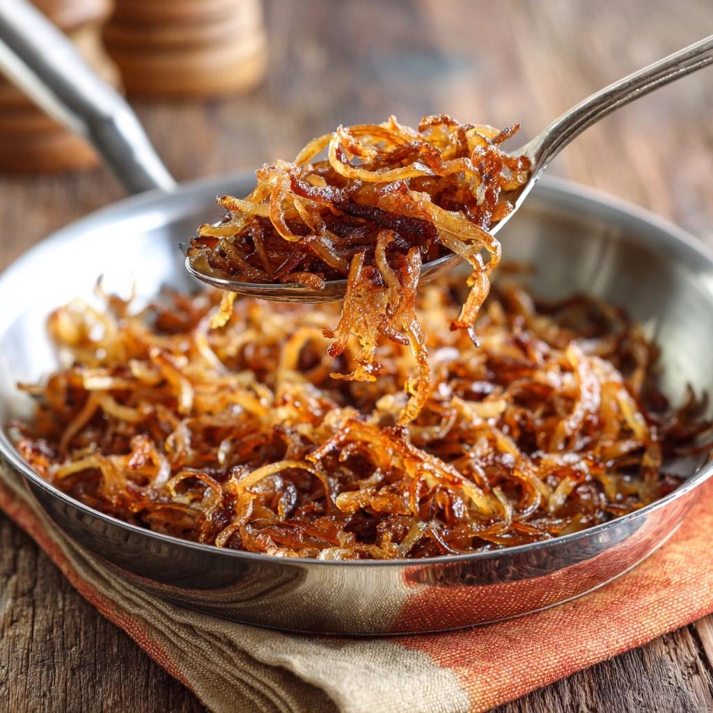 Perfect caramelized onions scooped onto a spoon, showcasing their rich brown color and tender texture.