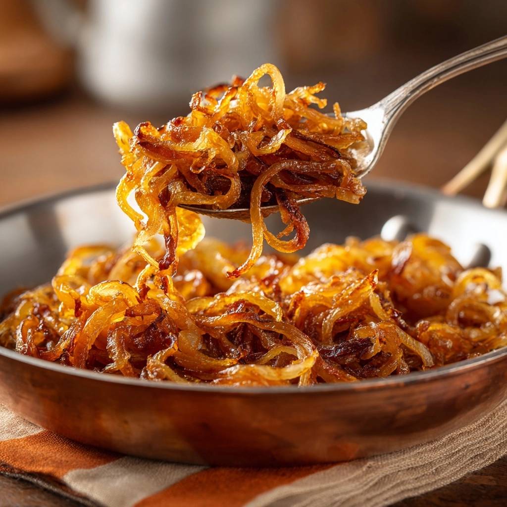Perfect caramelized onions piled on a spoon, showing the glistening, tender strands up close.