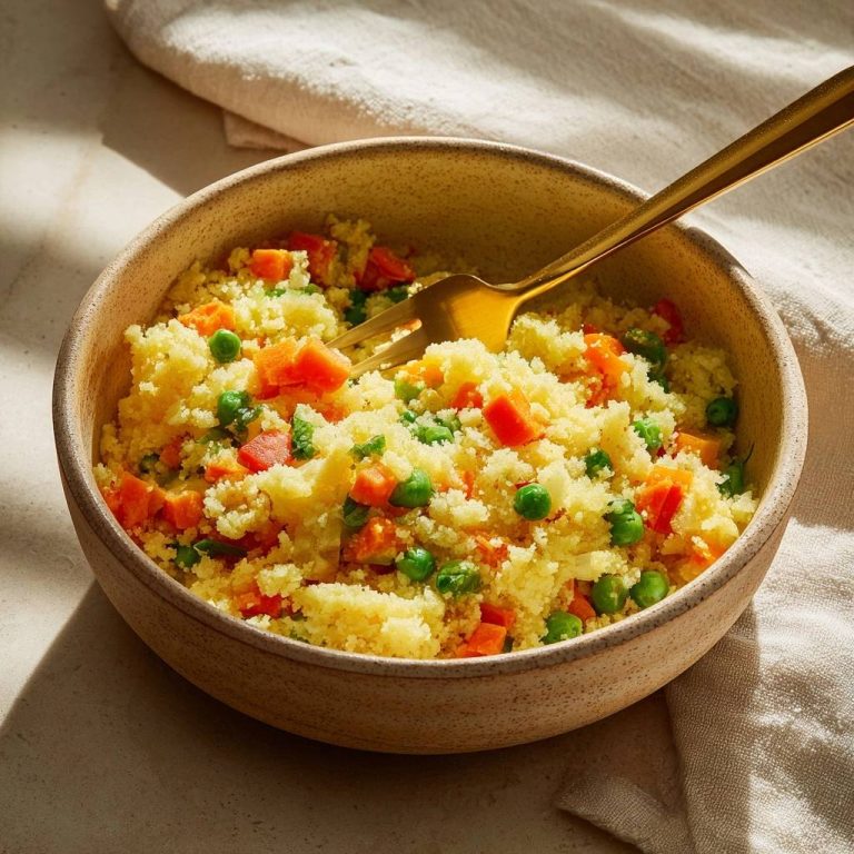 Carrot pea couscous fluffy grains with a golden fork detail in a bowl