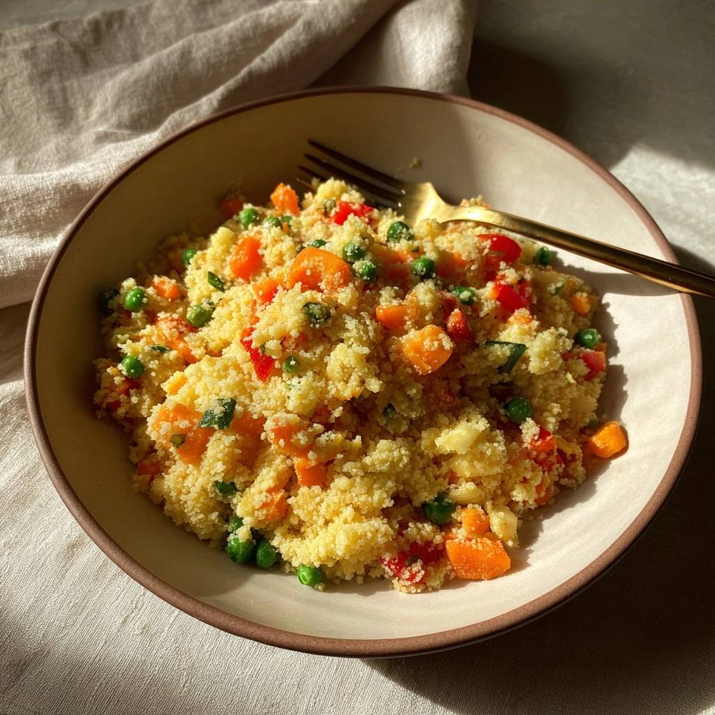 Carrot pea couscous served in a bowl with a golden fork, showcasing fluffy grains and colorful vegetables.