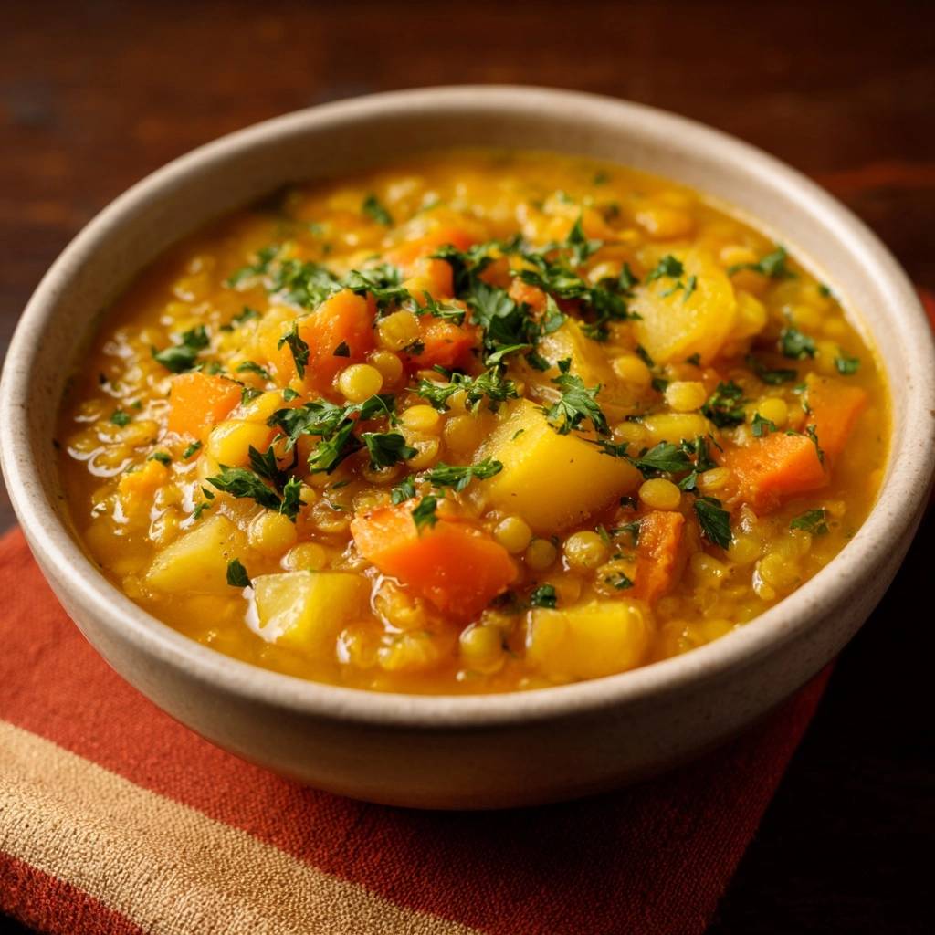 Hearty carrot potato lentil soup shown in a close-up view within a bowl, garnished with fresh parsley.