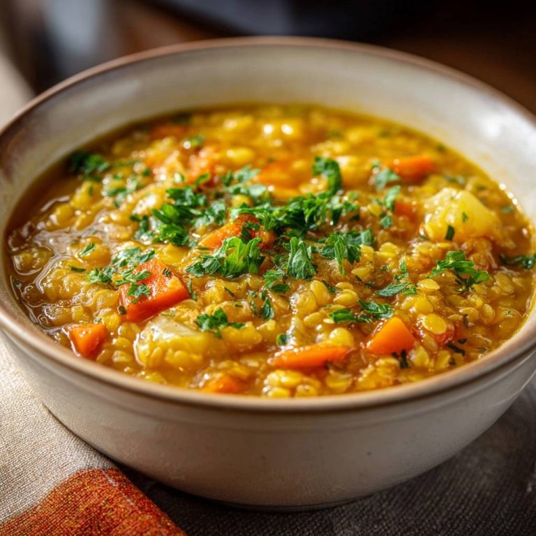 Hearty carrot potato lentil soup in a bowl, generously garnished with fresh parsley and showing its creamy texture.