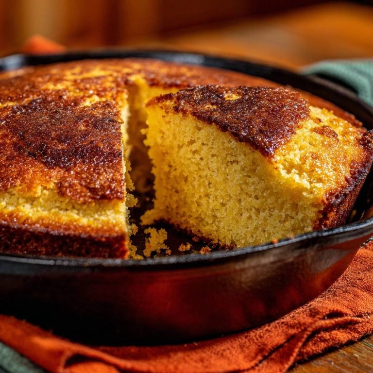 Cast iron skillet cornbread with a slice removed, showing the moist crumb and golden crust detail.
