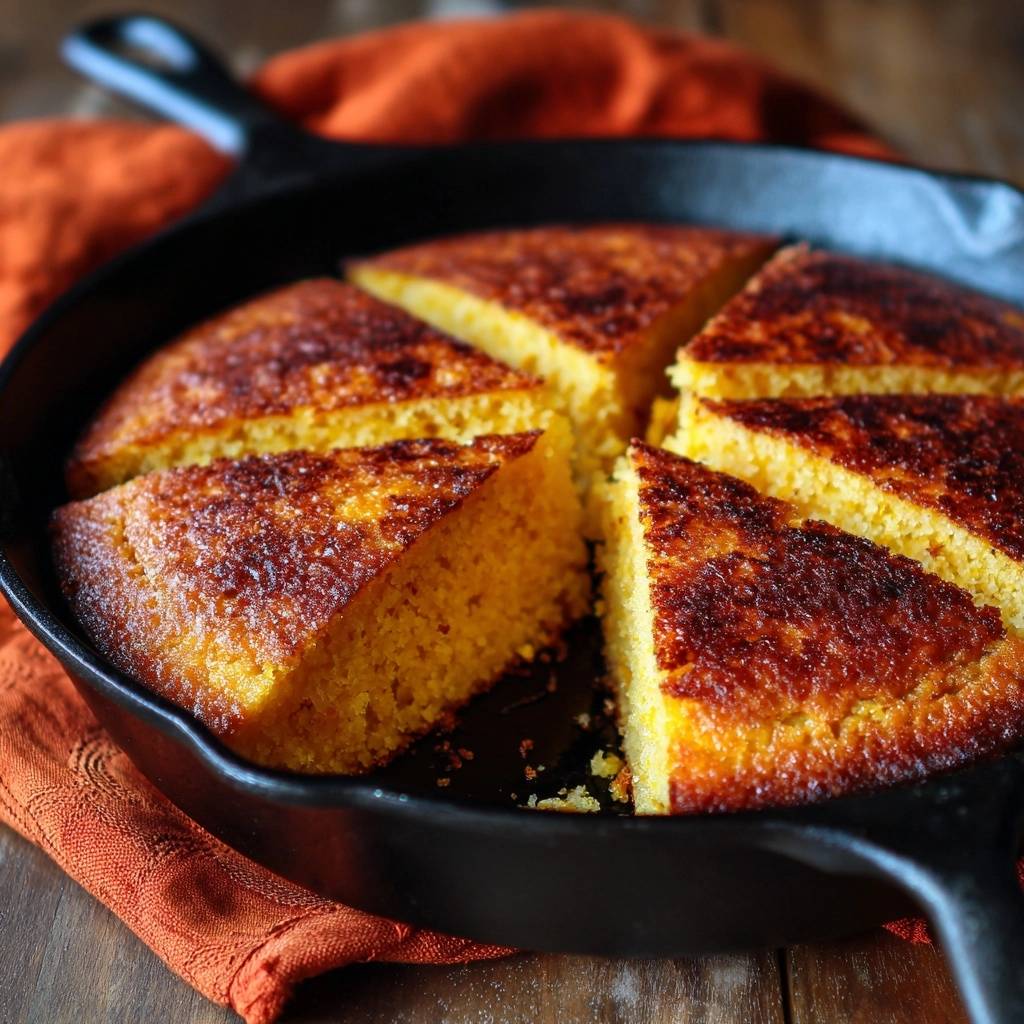 Cast iron skillet cornbread sliced into wedges, showing its golden crumb and browned crust.