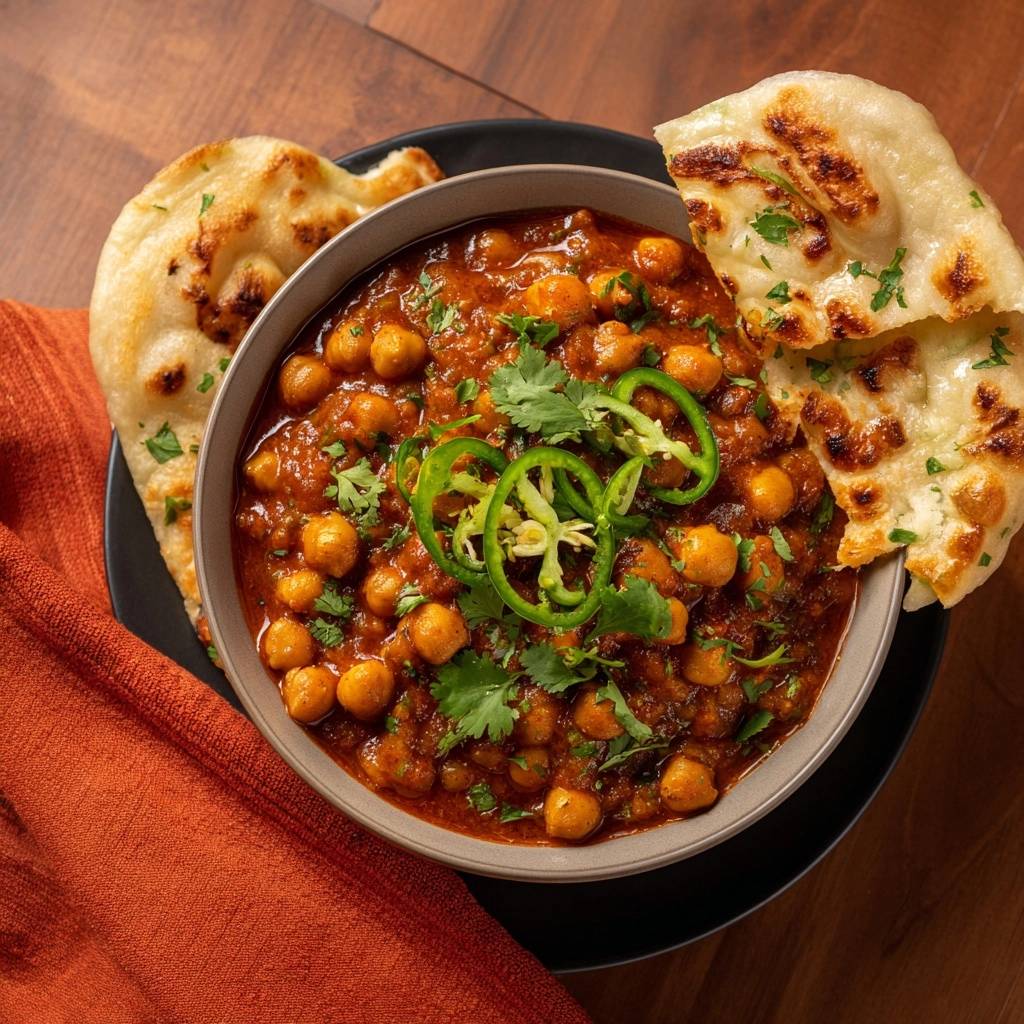 Chana masala with naan in a bowl, garnished with fresh cilantro and sliced jalapeños.