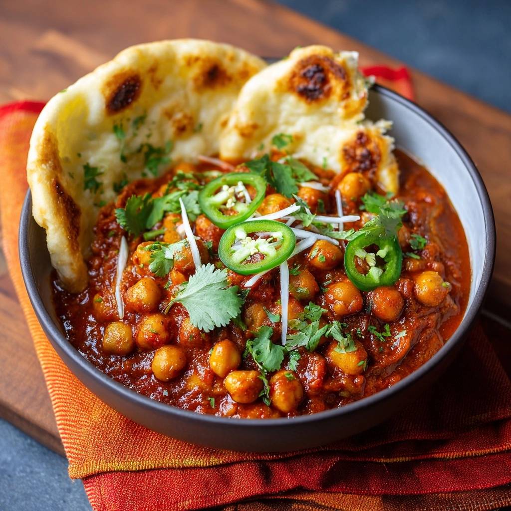 Chana masala with naan featuring a close-up view of fresh cilantro and jalapeño garnish.