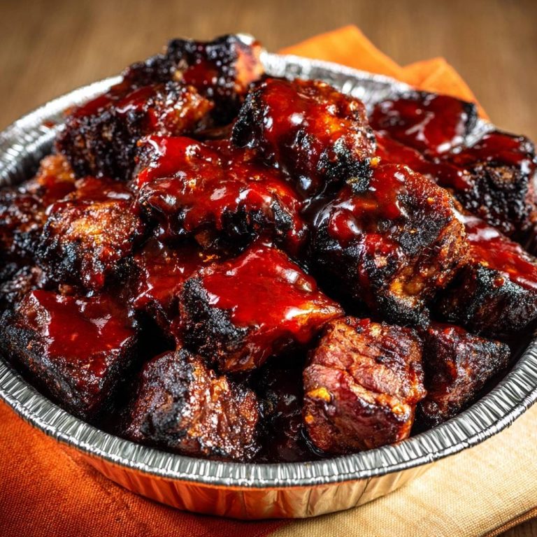 Charred BBQ beef chunks glistening with a rich glaze, served in a foil container.