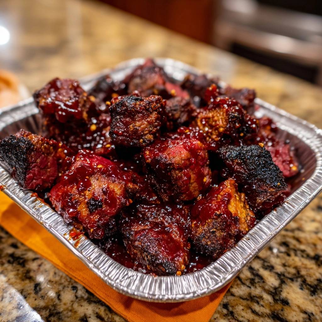 Charred BBQ Beef Chunks glistening with sauce, served in a foil takeout tray.