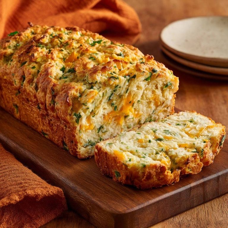 Cheddar chive bread, a fluffy quick bread, shown sliced to reveal its cheesy interior and herb flecks.