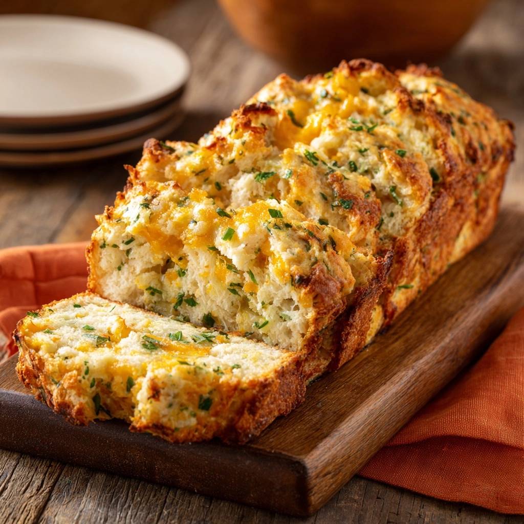 Cheddar chive bread, a fluffy quick bread recipe, shown as a sliced loaf with a close-up view of the cheesy, herbaceous interior.
