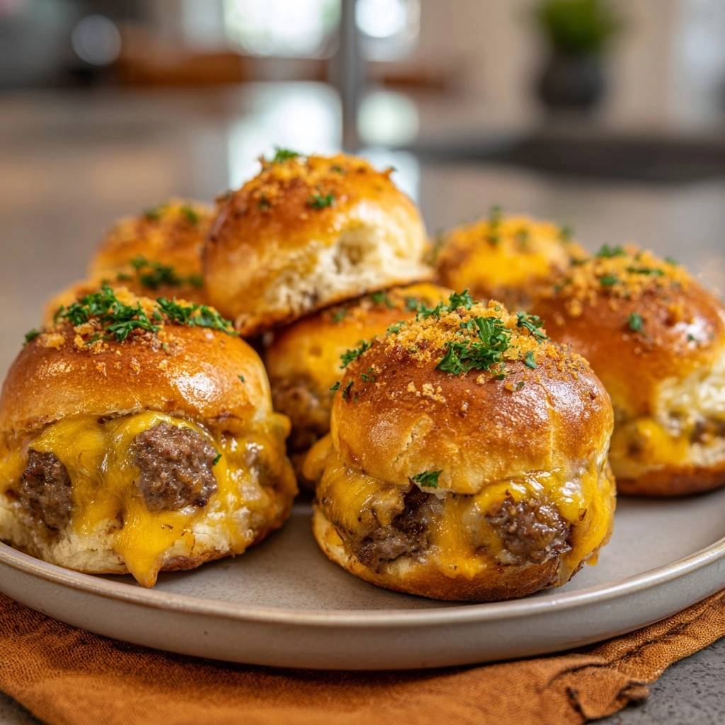 Gooey cheeseburger sliders with crispy butter-sealed buns, garnished with fresh parsley and toasted breadcrumbs.