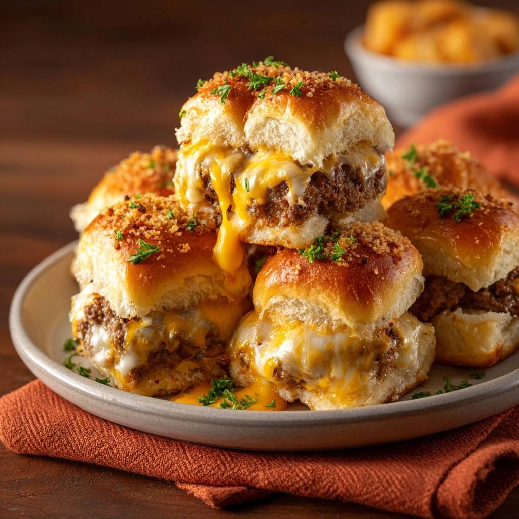 Gooey cheeseburger sliders with melted cheese dripping down, topped with breadcrumbs and parsley.