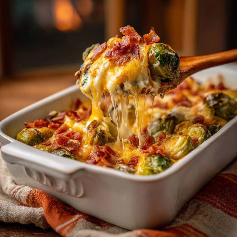 Cheesy bacon Brussels bake being lifted with a wooden spoon, showing a gooey cheese pull from the casserole.