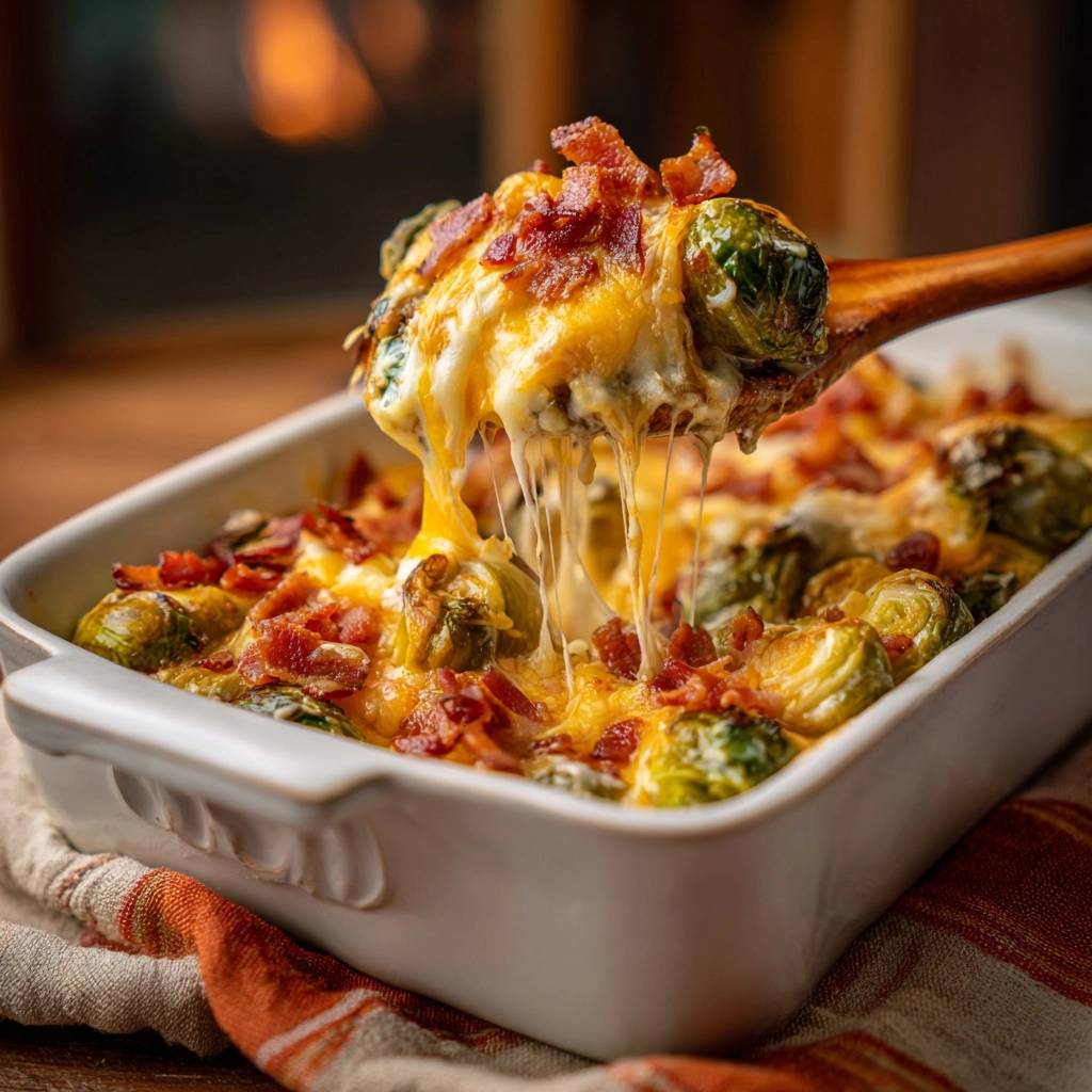 Cheesy bacon Brussels bake being lifted with a wooden spoon, showing a gooey cheese pull from the casserole.