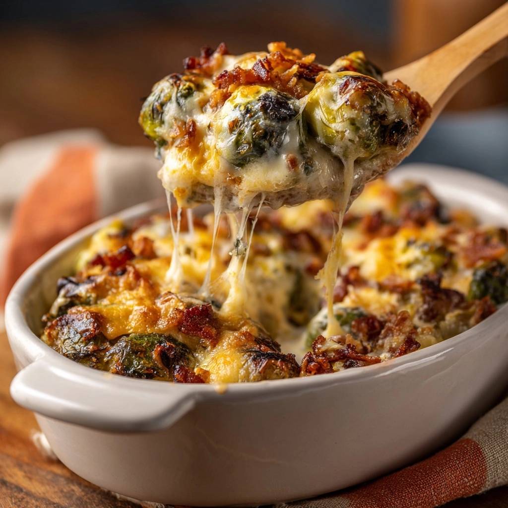 Cheesy bacon brussels bake being scooped from a dish, showing a generous cheese pull and crispy bacon topping.
