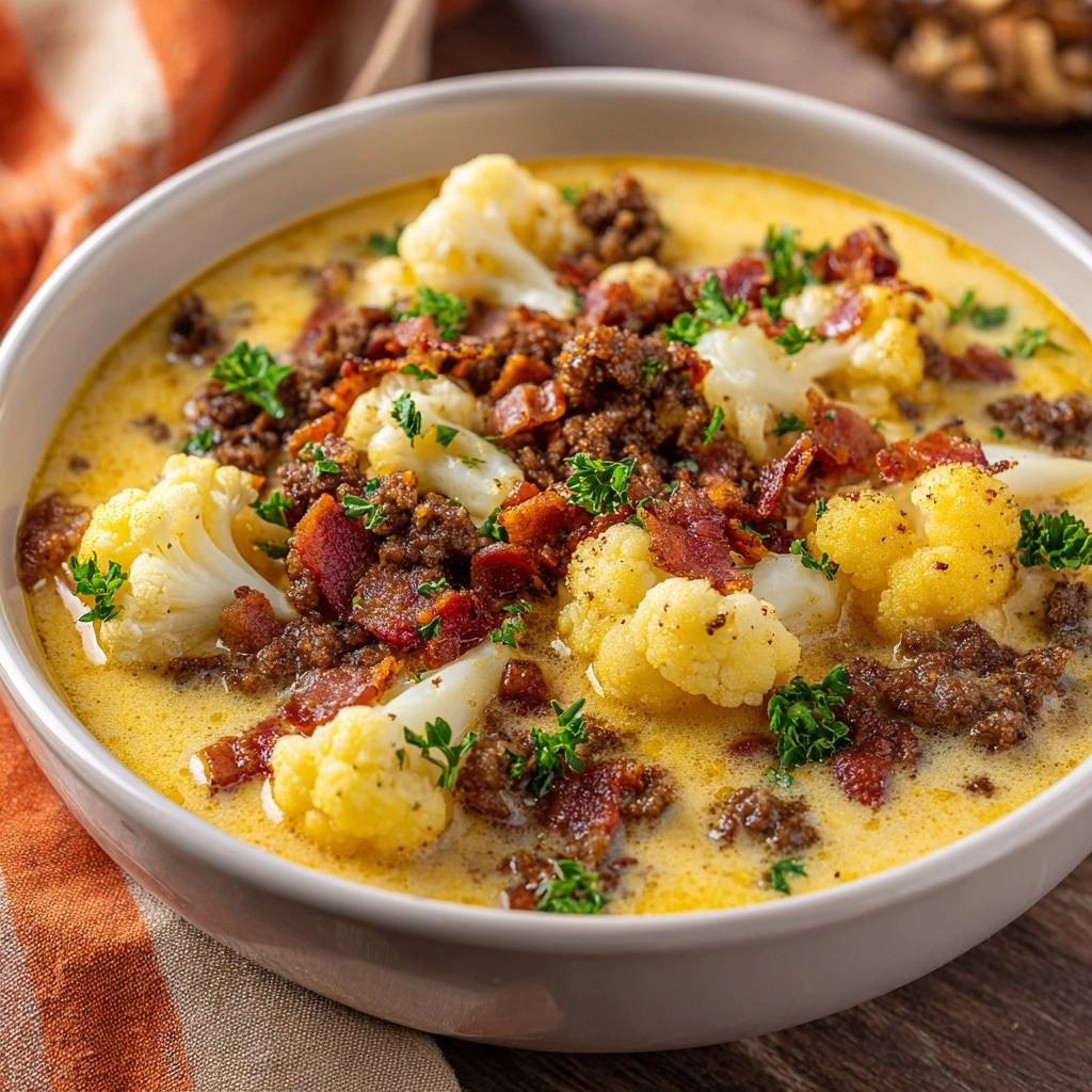 Hearty cheesy beef & cauliflower soup in a white bowl, showing chunks of cauliflower, ground beef, and bacon with fresh parsley garnish.