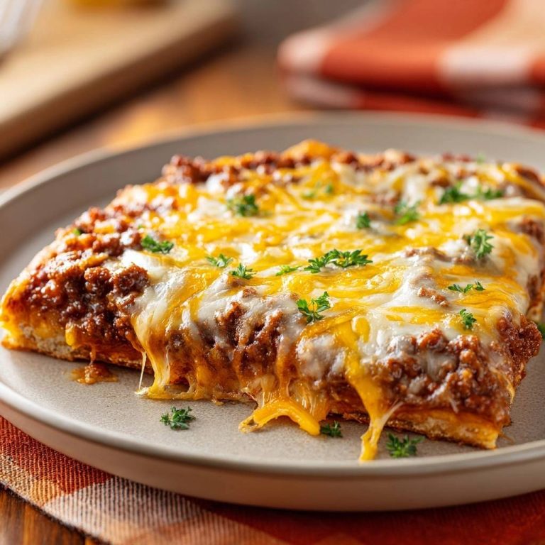Cheesy beef cornbread bake slice with gooey melted cheese and fresh parsley garnish.