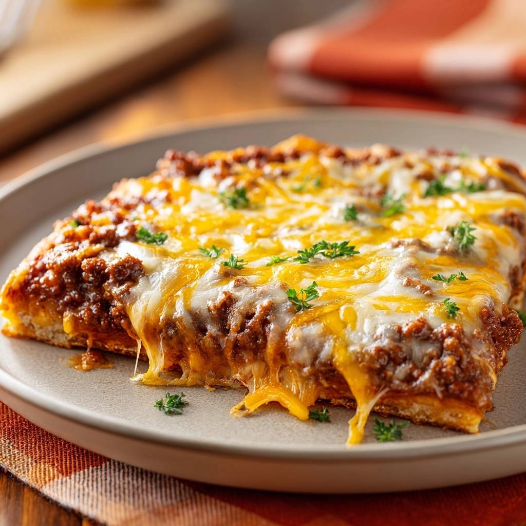 Cheesy beef cornbread bake slice with gooey melted cheese and fresh parsley garnish.