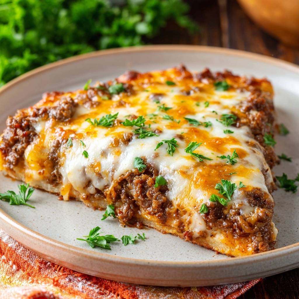 Cheesy beef cornbread bake served as a single plated slice, showcasing the layers of beef and melted cheese.