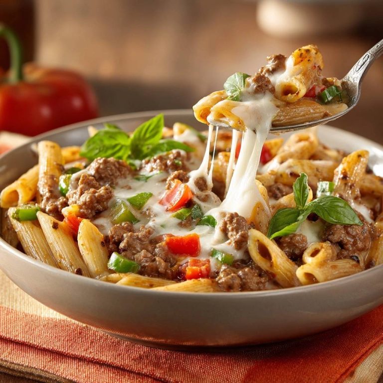 Cheesy beef and pepper penne with thick clingy sauce, shown being lifted with a spoon revealing melted cheese.