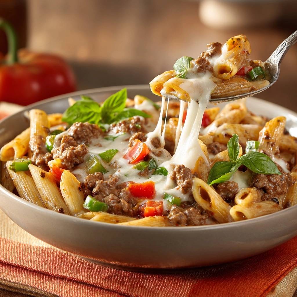 Cheesy beef and pepper penne with thick clingy sauce, shown being lifted with a spoon revealing melted cheese.