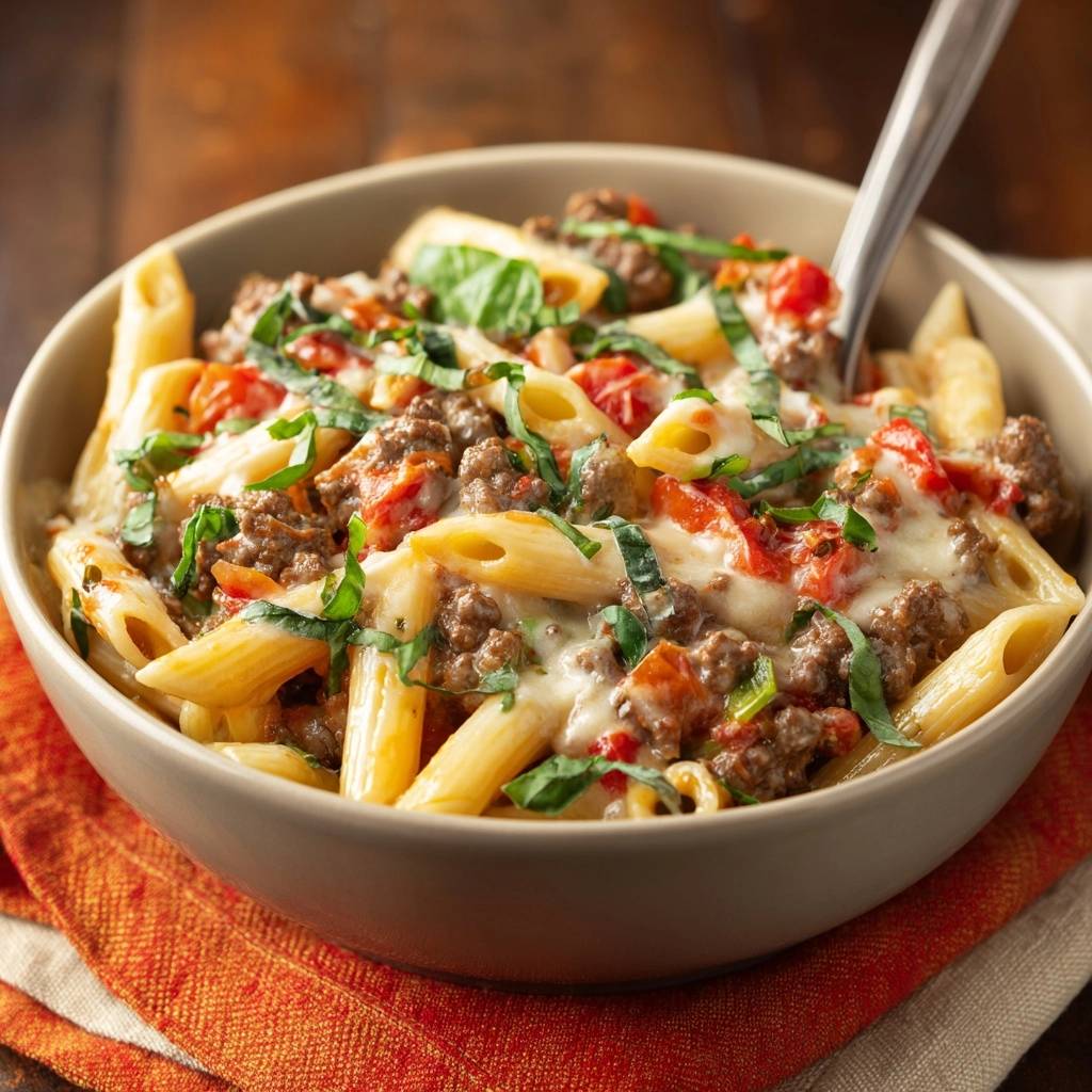 Cheesy beef and pepper penne with thick clingy sauce, shown in a close-up view with melted cheese and fresh basil garnish.