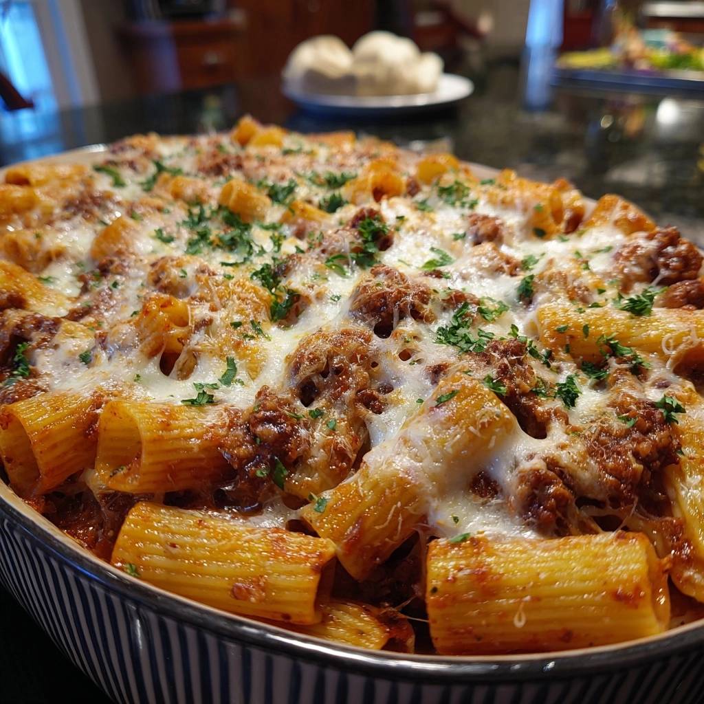 Cheesy beef rigatoni bake with a close-up view of the melted mozzarella topping and fresh parsley garnish.
