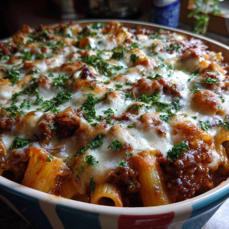 Cheesy beef rigatoni bake featuring a close-up view of the melted cheese topping and fresh parsley garnish.
