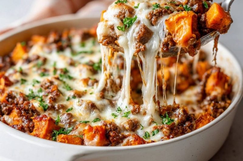 Cheesy Beef Sweet Potato Casserole