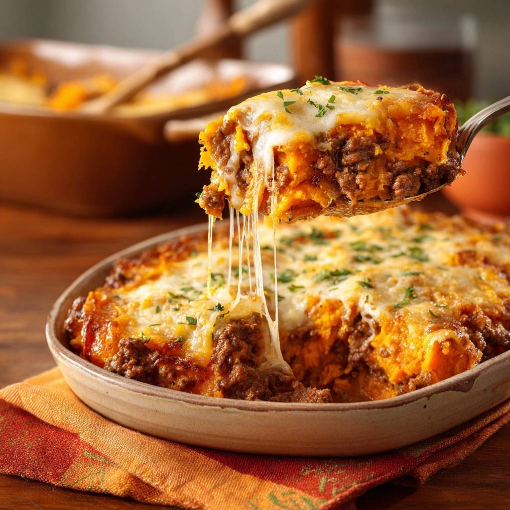Cheesy beef sweet potato casserole, a serving being lifted showing melted cheese strands and layers of beef and sweet potato.