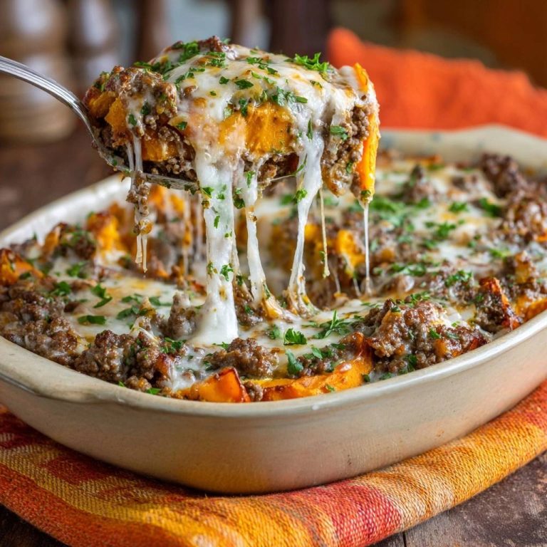 Cheesy beef sweet potato casserole with a spoonful lifting to show melted cheese strings.