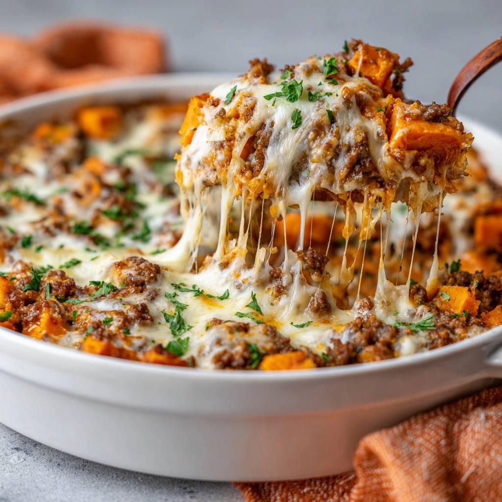 Cheesy beef sweet potato casserole with a spoonful lifting to show melted cheese stretching.