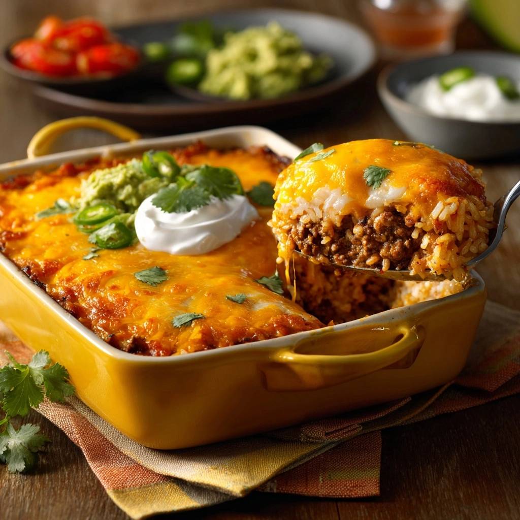 Cheesy beef taco rice casserole with a close-up cross-section showing fluffy rice and seasoned ground beef.