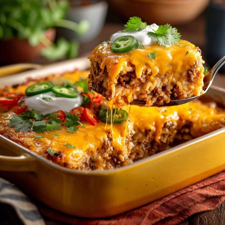 Cheesy beef taco rice casserole with a slice being lifted, showing melted cheese and fluffy rice interior.