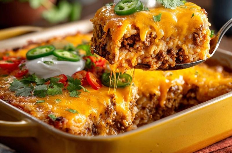 Cheesy Beef Taco Rice Casserole