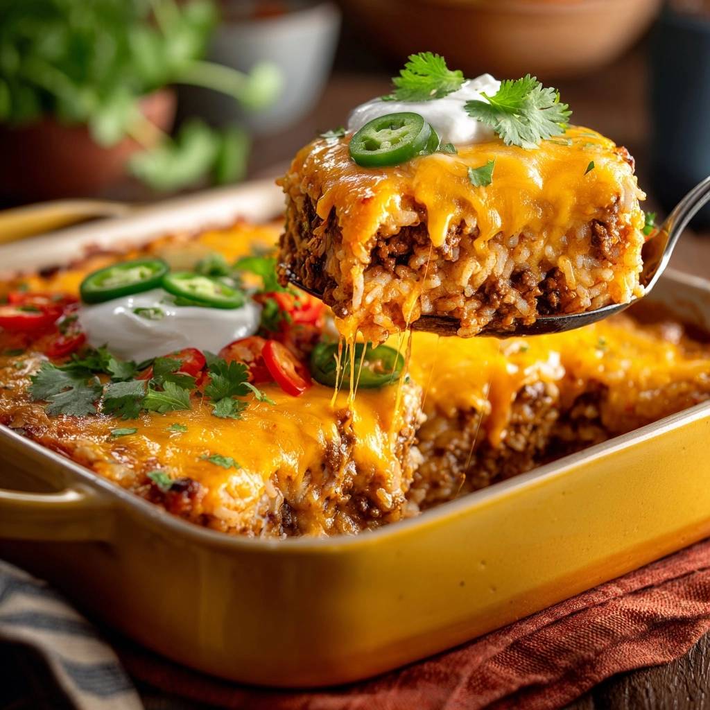 Cheesy beef taco rice casserole with a slice being lifted, showing melted cheese and fluffy rice interior.