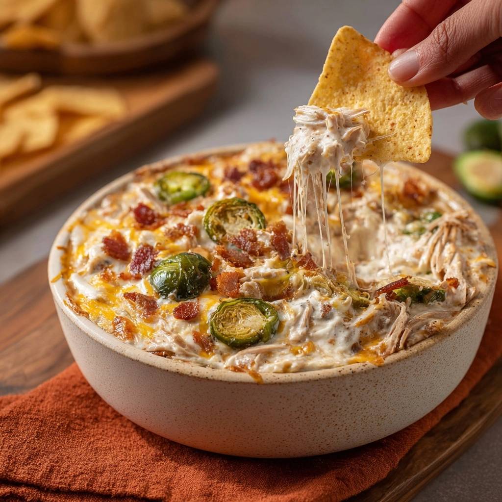 Cheesy chicken bacon Brussels dip with a tortilla chip pulling out gooey cheese and shredded chicken.