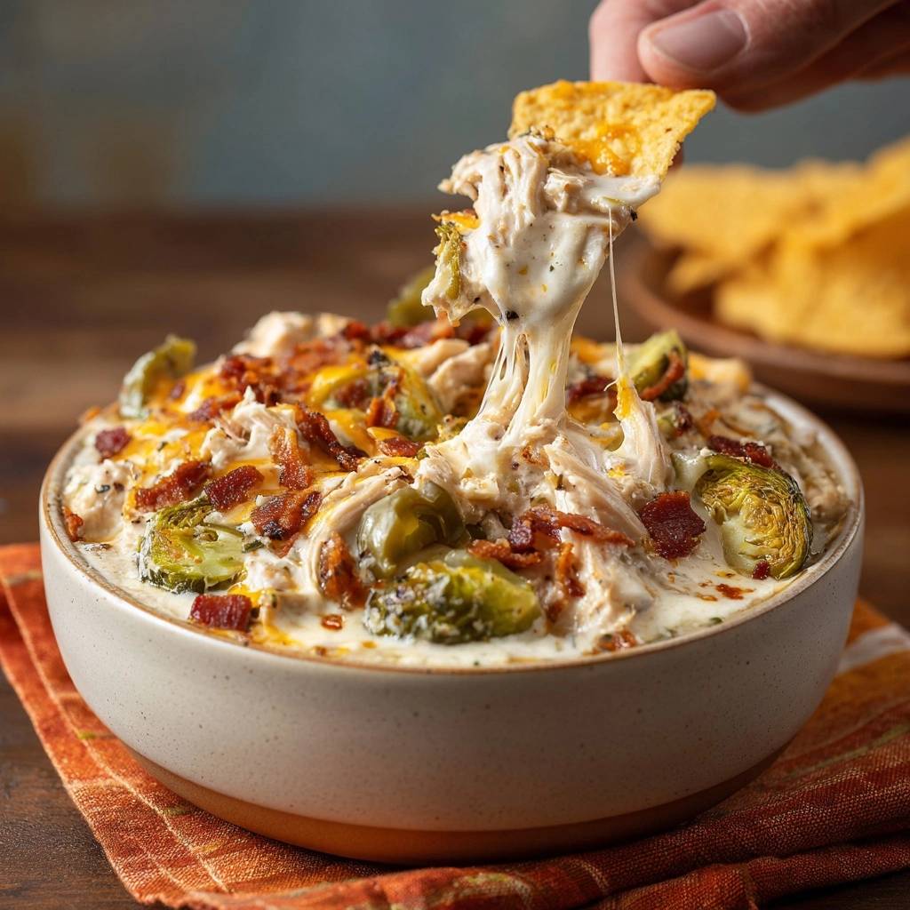 Cheesy chicken bacon Brussels dip being scooped with a chip, showing gooey melted cheese strands.