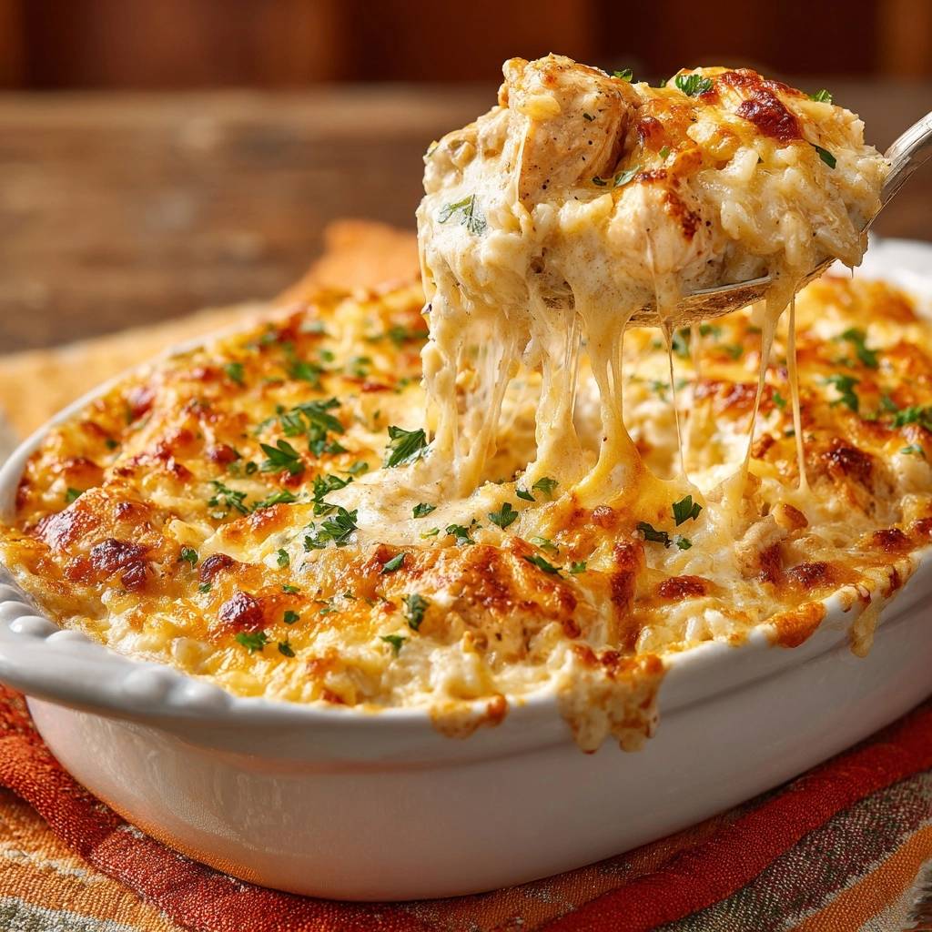 Cheesy chicken rice casserole with a spoonful lifting out, showing long strands of melted cheese.