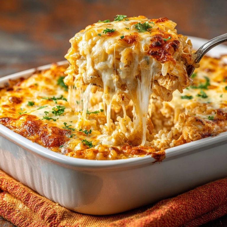 Cheesy chicken rice casserole with a spoonful lifting to reveal gooey melted cheese strands.