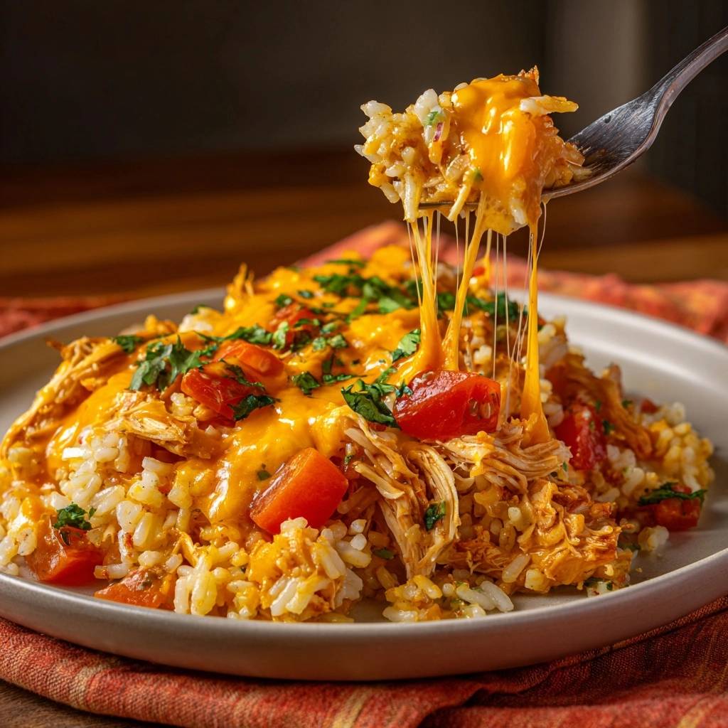 Cheesy chicken rice shown as a forkful lifts up, revealing a gooey melted cheese pull over fluffy grains.