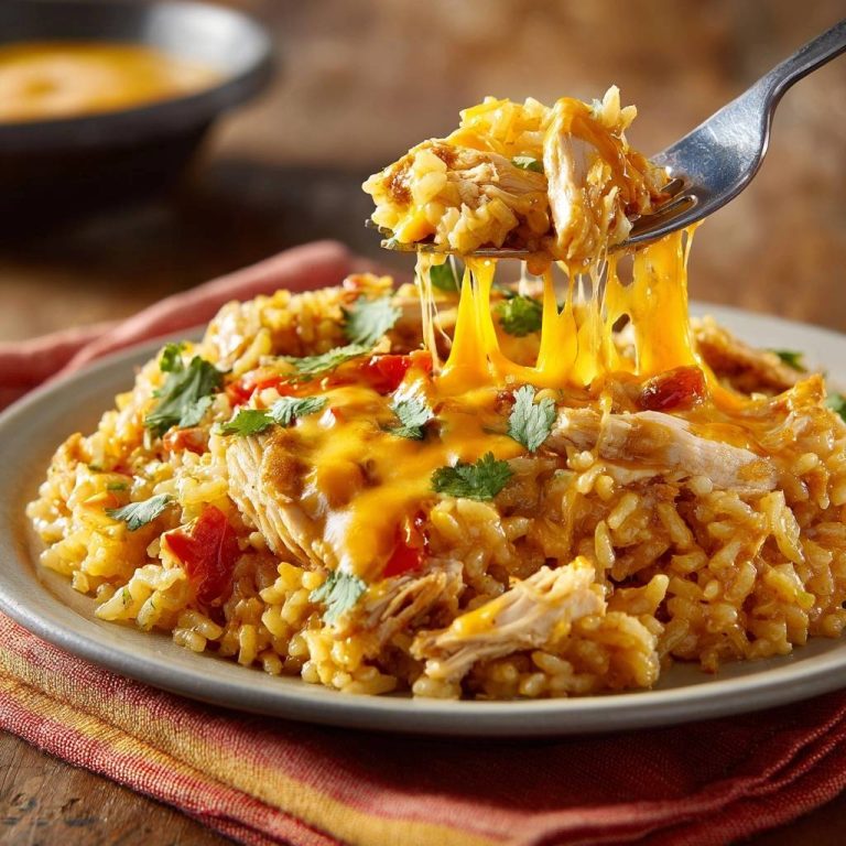 Cheesy chicken rice with a forkful showing a dramatic cheese pull and fluffy grains, garnished with cilantro.