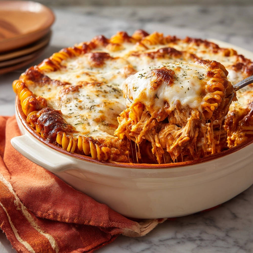 Cheesy chicken rotini bake with a serving being lifted, showing gooey melted cheese and saucy pasta.