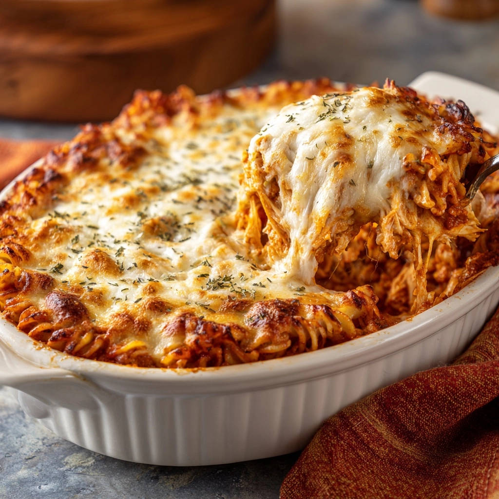 Cheesy chicken rotini bake being served from a baking dish, showing a generous cheese pull.