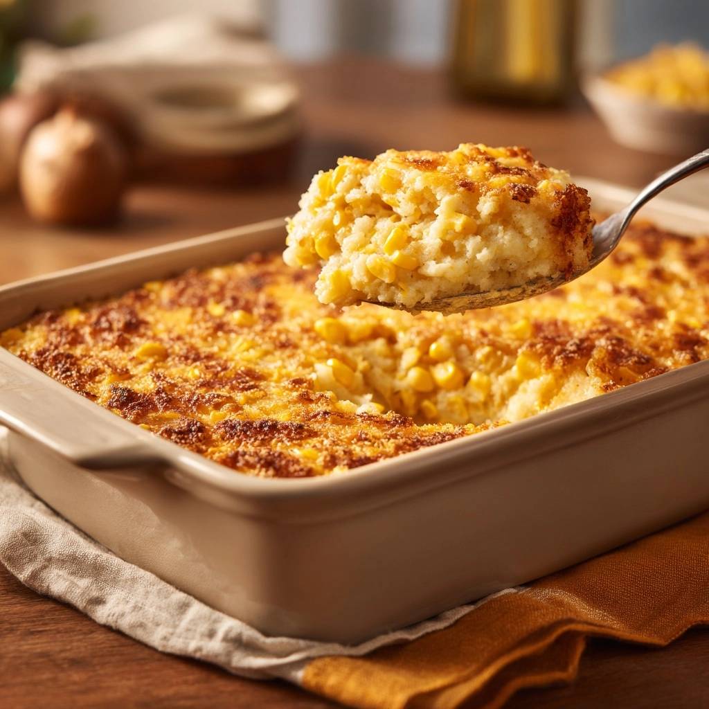 Cheesy corn casserole with a serving spoon lifting a portion, showing its creamy texture and golden-brown topping.